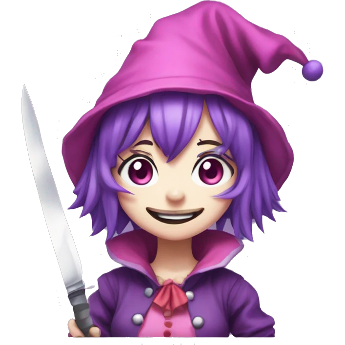 anime girl, clown clothes, pink jester's cap, sharp teeth, holding knife looking at viewer, purple hair, light purple eyes, emoji