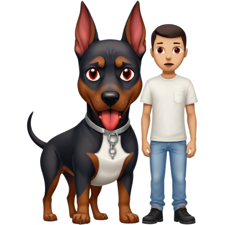 Generate a emoji of a big evil doberman dog with red eyes and a tongue sticking out, give the doberman a human body with a white shirt and baggy jeans emoji