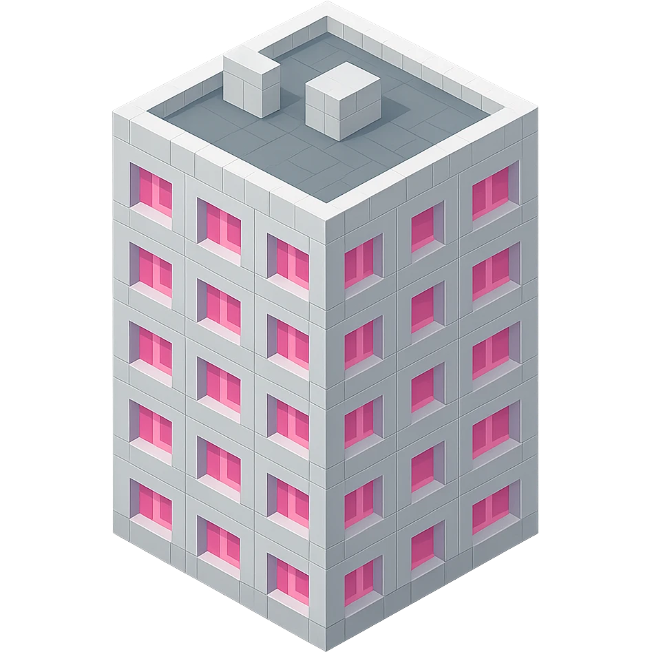 Russian panel apartment building, square block, light gray, pink windows, isometric view emoji
