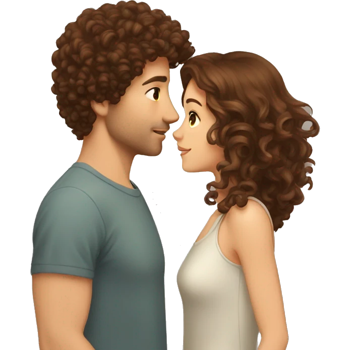 Girl with long brown wavy hair kissing guy with short brown curly hair  emoji