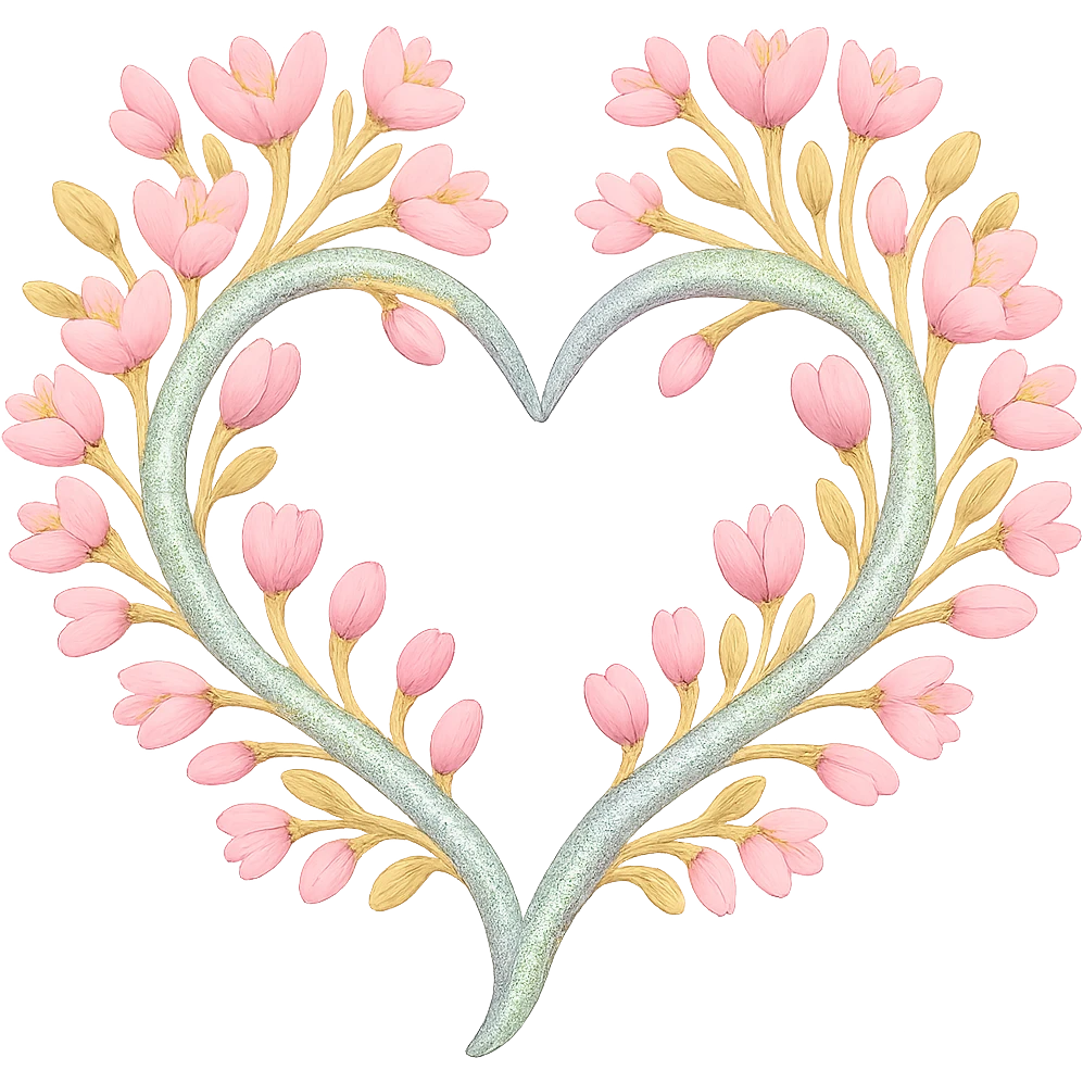 Replace the shimmer effect with a rainbow shimmer on the gold and silver details of the heart entwined with sakura branches in the style of apple emojis, no background. emoji