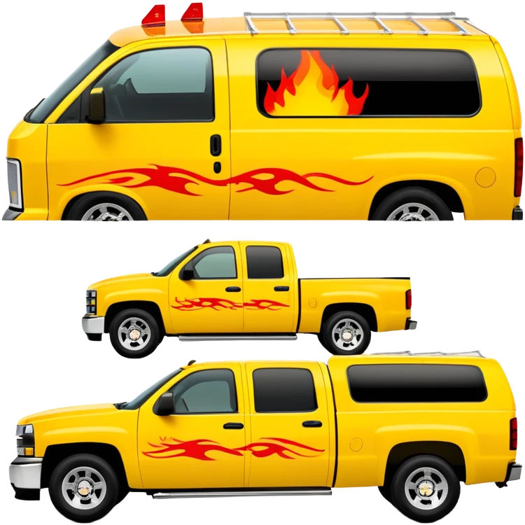Yellow Chevrolet C-2500 Crew Cab with movie-accurate red flame vinyl graphic on the hood, exactly like the Kill Bill 'Pussy Wagon', 30-degree view, iOS emoji style emoji