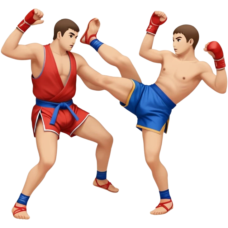 An icon symbolizing Sambo, featuring two fighters in blue and red kimonos with shorts and wrestling shoes. One executes a powerful throw, while the other attempts a defensive grab. The fighters are engaged in a grapple, using joint locks and sweeps.  emoji