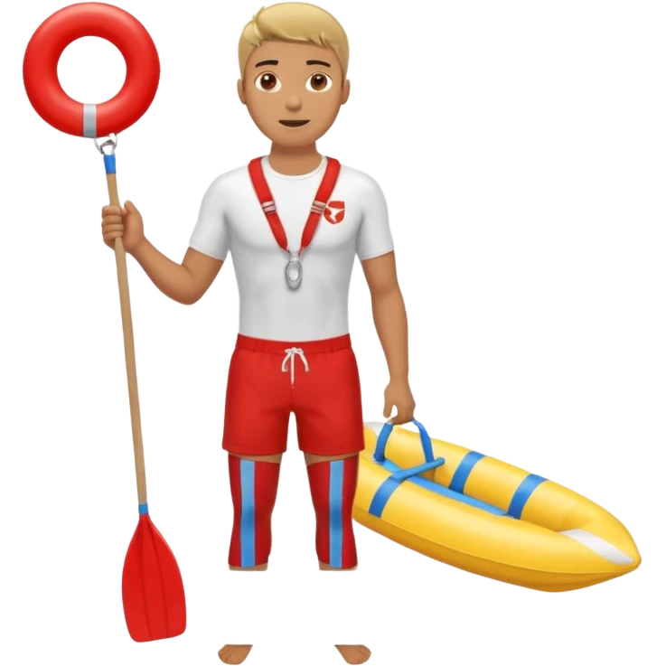 Male lifeguard – red shorts, whistle around neck, holding rescue float, full body emoji