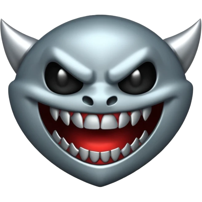Stylized emoji icon of metallic teeth with sharp fangs, chrome texture, dark shadows, aggressive look emoji
