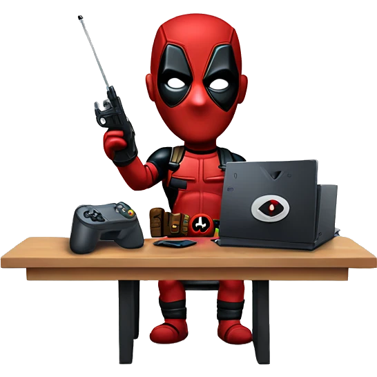 Cute Deadpool holding controller sitting at a desk, front view emoji