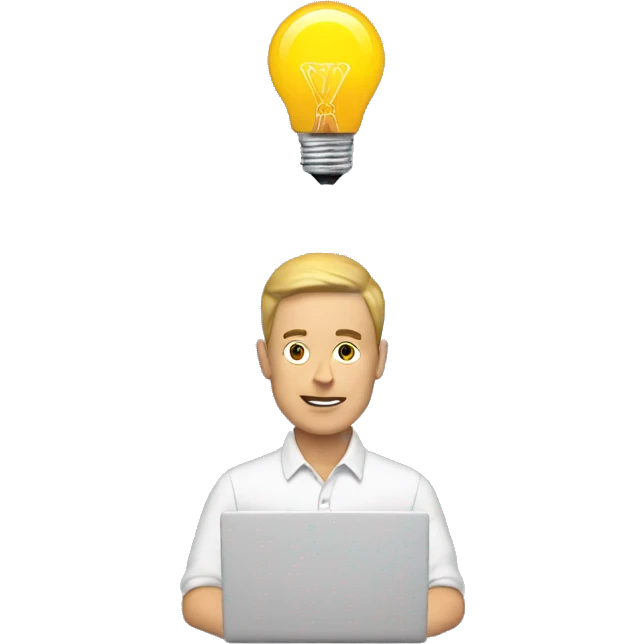 man with laptop and light bulb above head emoji