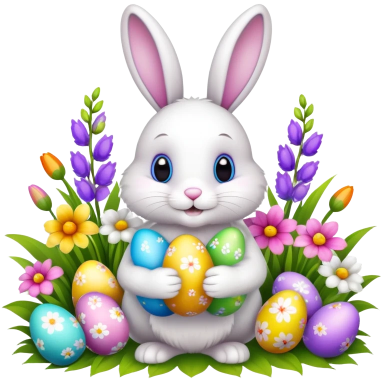 Easter bunny with easter eggs and spring flowers  emoji