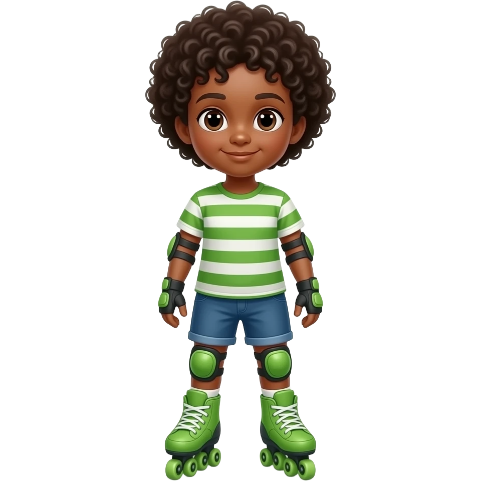 Child black boy curly hair, standing upright, wearing green elbow pads and knee pads, with green  roller skates, ready-to-play expression, front-facing pose. emoji