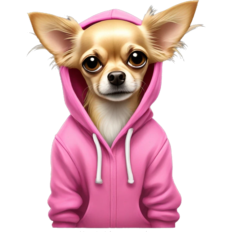 homeless dirty long haired blonde chihuahua in a huge pink hoodie emoji