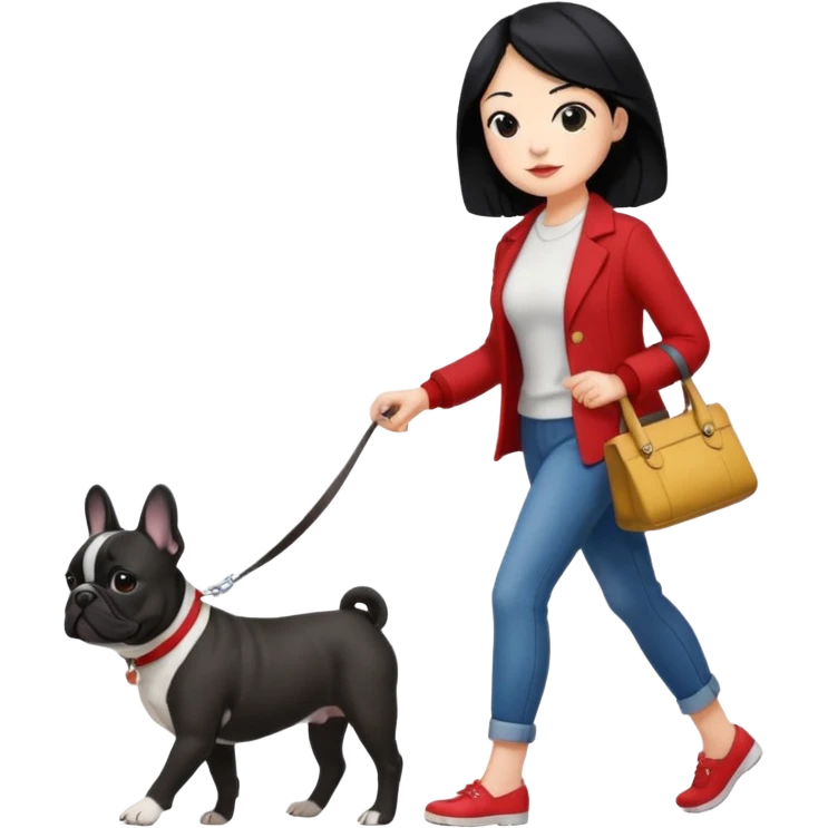 Mujer de pelo negro paseando un bulldog francés  emoji