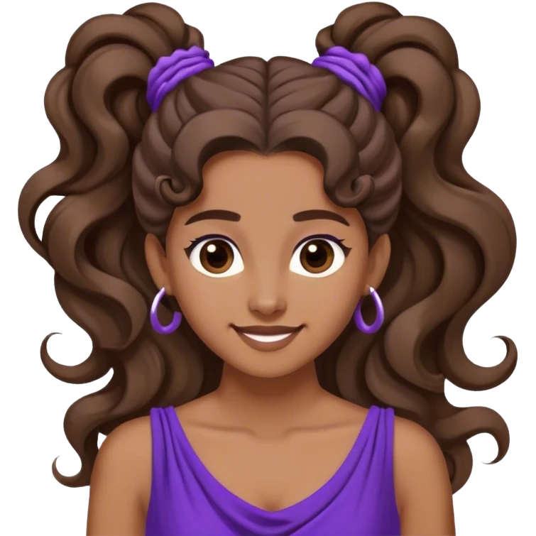 Young woman with long brown hair tied in a high voluminous ponytail, with a single curl falling over her forehead. Her hair is wavy at the ends. She wears a flowing purple dress inspired by ancient Greece and has a mischievous smile emoji