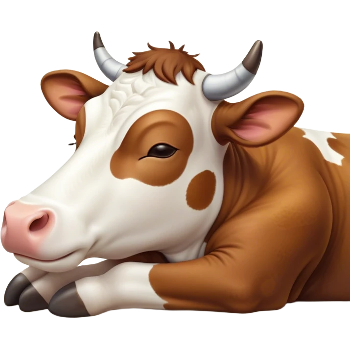 Meme-Worthy Cute Sleeping Brown and White Cow Portrait Emoji, Head resting peacefully with a contented smile, showcasing a robust build and a luxuriously soft patterned hide of brown and white, eyes shut in a serene, restful nap, Simplified yet hilariously adorable features, highly detailed, glowing with a soft, drowsy light, high shine, relaxed and utterly lovable, stylized with an air of playful laziness, bright and heartwarming, soft glowing outline, capturing the essence of a comically sleepy cow, so meme-worthy it feels like it could instantly become the next viral sensation of adorable slumber! emoji