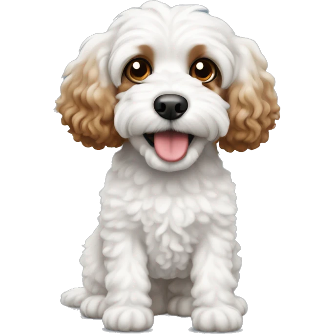 White cavapoo with one brown ear emoji