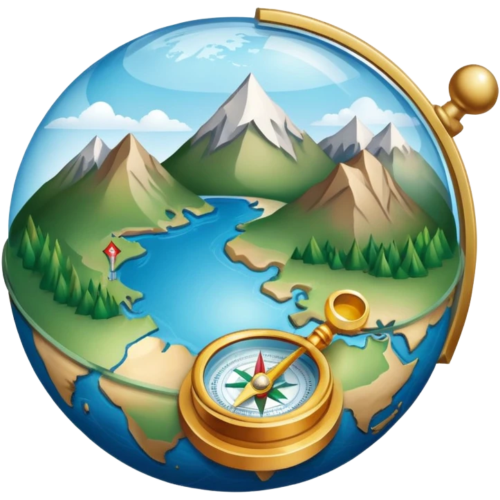 An icon featuring a globe, a compass, and a topographic map, symbolizing geography. The design includes mountain ranges, rivers, and a magnifying glass, representing the study of Earth's landscapes, features, and spatial relationships. Transparent background highlights geographic exploration. emoji