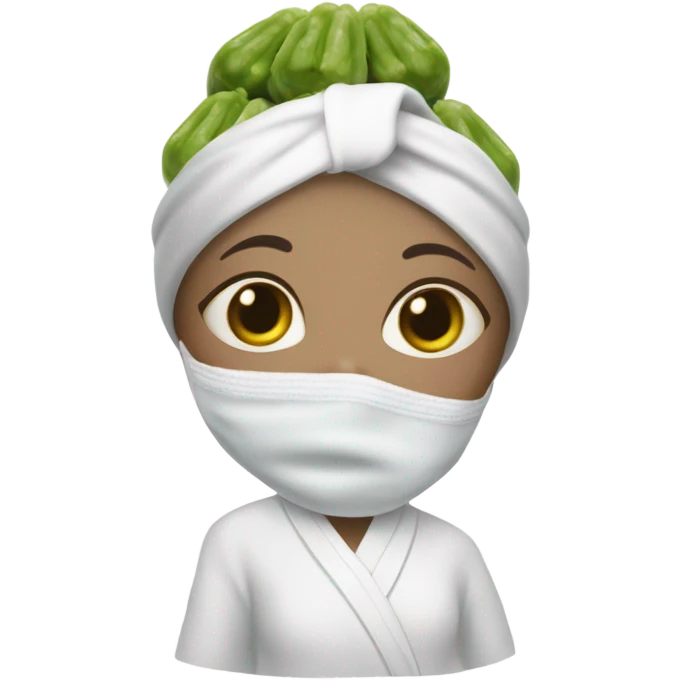 Light skinned girl wearing a white bath robe and white head towel upper half face mask in with pickles on eyes emoji