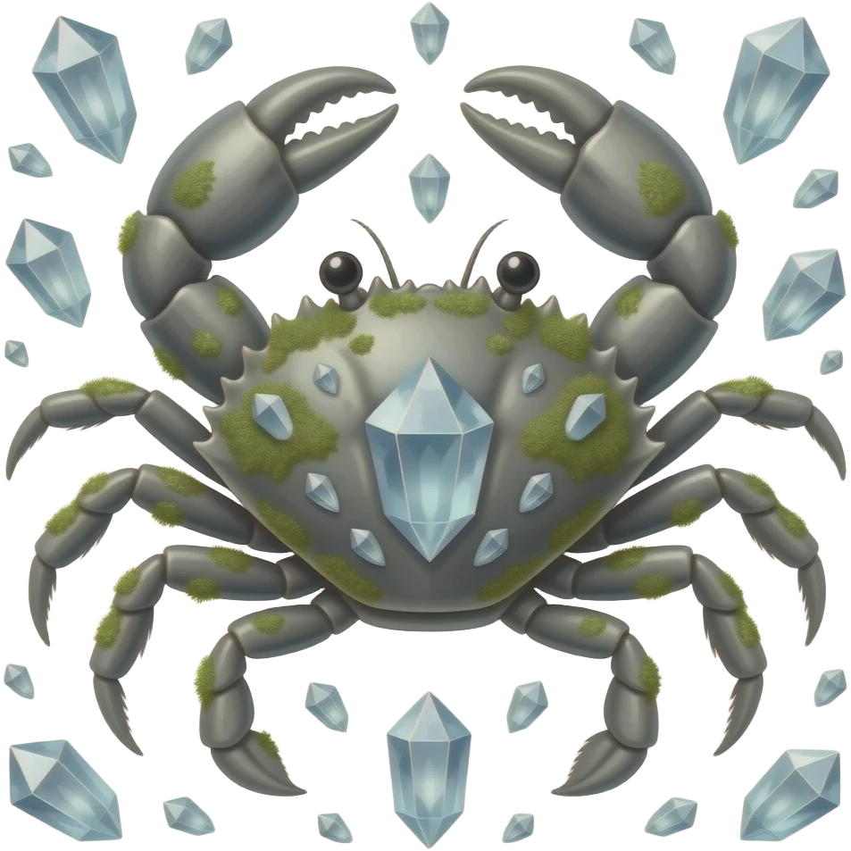 A crab with thrown in a crystals in a big Crystal on its back with tiny crystals in with moss growing on it and gray emoji