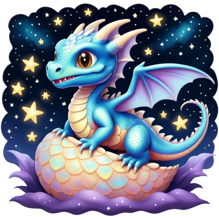 Airbrush painted image of a dragon hatchling under a deep galactic sky with pearlescent scales and wings spread against the stars emoji