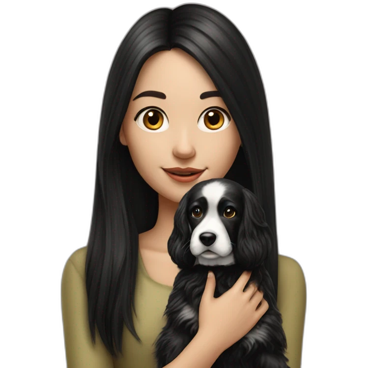hyperrealist caucasian girl black long hair with english seter dog emoji