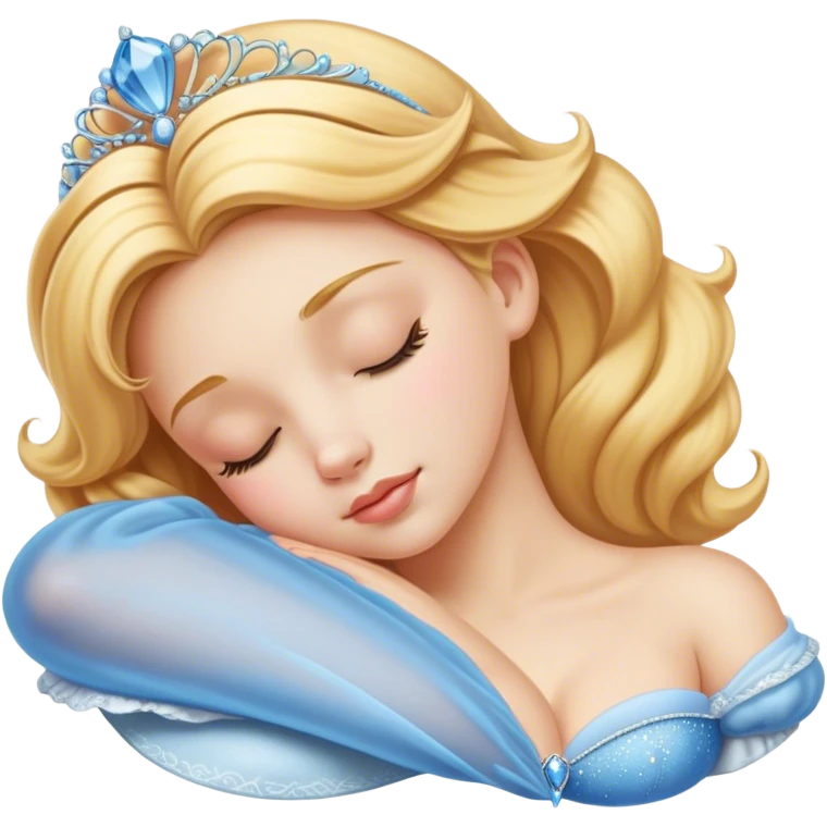 Cinematic Realistic Sleeping Cinderella Portrait, portrayed with exceptional realism: her luminous porcelain skin and exquisitely detailed golden-blonde hair lie softly under the gentle caress of natural light. Her eyes are peacefully closed in a serene, dreamlike slumber, and every fold and shimmer of her iconic ball gown is rendered with painstaking detail. The overall composition radiates a quiet, enchanting glow that encapsulates the timeless, restful beauty of a princess lost in a gentle, magical dream. emoji