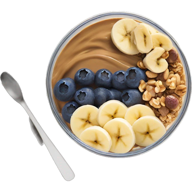 Açai bowl in a clear cup with layers of peanut butter, cashew nuts, granola, condensed milk and banana sliced and blueberrys on top emoji