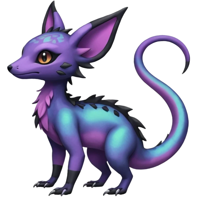 Rare epic aesthetic iridescent spooky gloomy colorful Salandit-Noibat-Eevee-Genet-species-Fakemon-hybrid-creature, with markings, full body emoji
