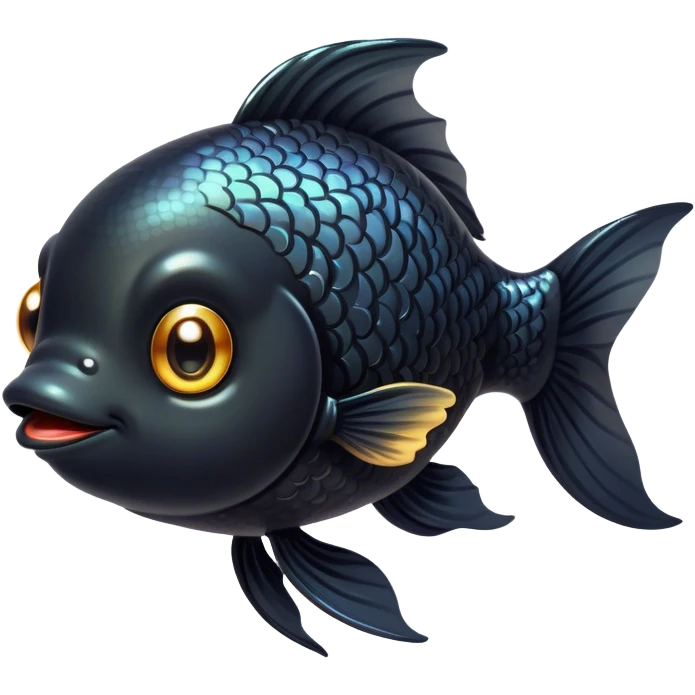 Cinematic Cute Black Goldfish Portrait Emoji, Head tilted playfully and inquisitively, featuring a glossy, deep black body with shimmering scales and round, sparkling golden eyes filled with curiosity, Simplified yet irresistibly adorable features, highly detailed, glowing with a warm, friendly glow, high shine, affectionate and lively, stylized with a touch of whimsy, bright and endearing, soft glowing outline, capturing the essence of a mischievous yet loving goldfish, so playful it feels like it could swim out of the screen and into your heart! emoji