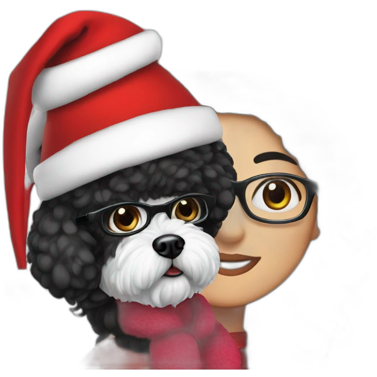 woman-black hair-christmas hat-with glasses-with bichon dog-white-smile emoji