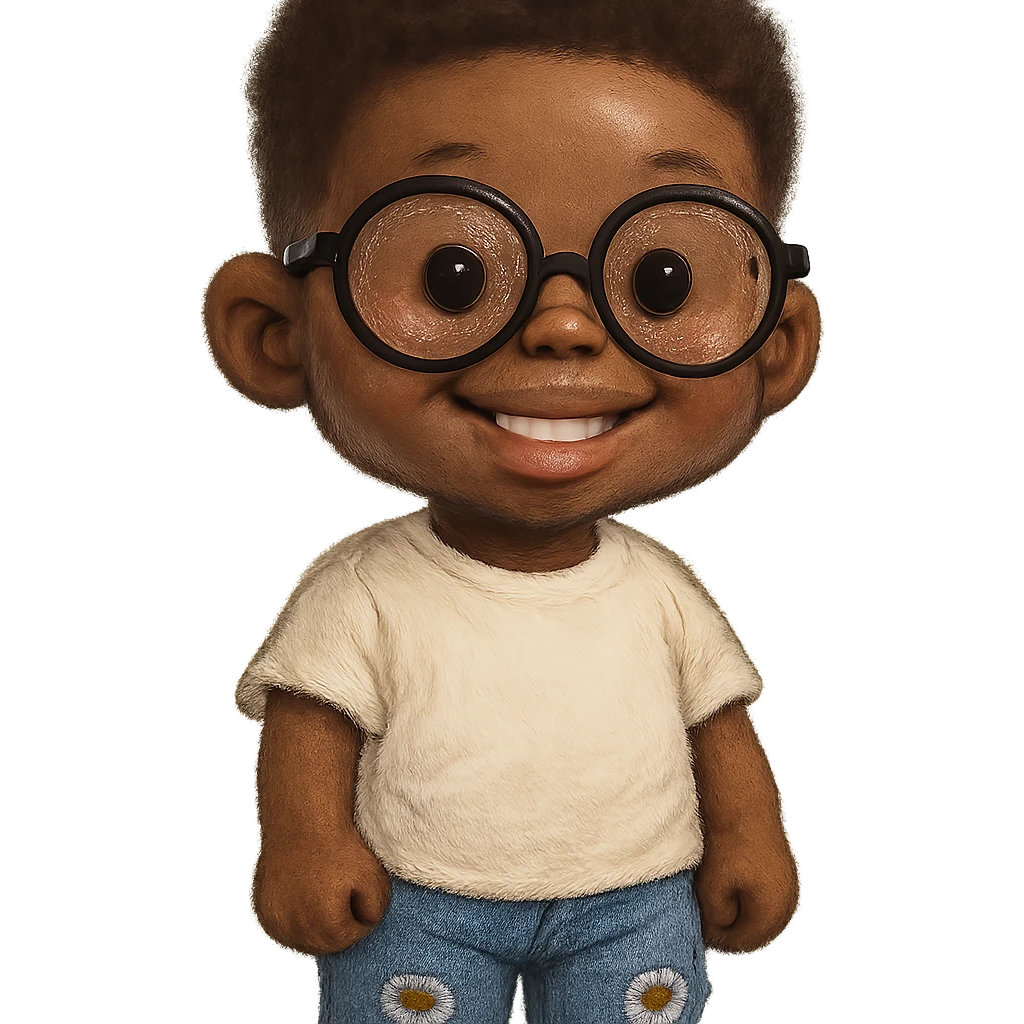 a black boy wearing glasses, white shirt, blue rugged jeans, smiling, with the pookie filter effect emoji