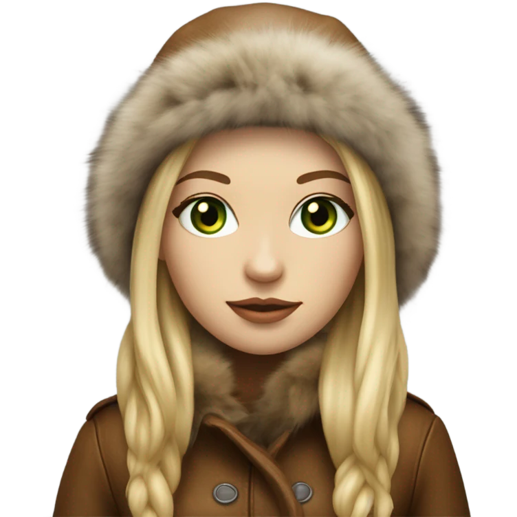Realistic White girl with Long straight blonde hair, green eyes, tattoos, full body wearing Brown fur coat and fur hat and Brown leather boots emoji