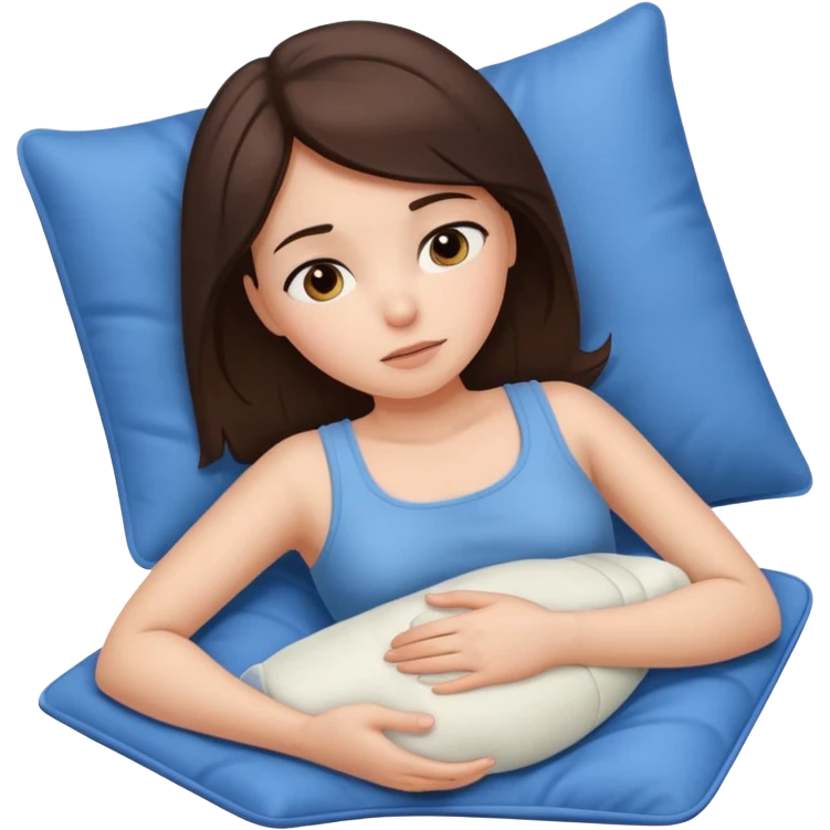  a brunette girl lying down on her side, holding a warm heating pad against her lower belly, she’s having bellyache emoji