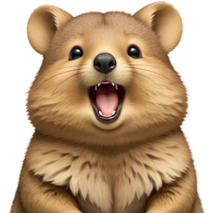 cinematic-realistic  yawning quokka-emoji,-small-round-frame, head tilted in an endearing manner, wouth wide open yawning, sleepy comical smile, round cheeks, giant-fluffy-cheeks-large-smile-fluffy-brown-fur-radiating-a-warm-softness,-big-round-eyes-filled-with-joy, realistic round  fluffy zoomed in, large black eyes one paw raised in the air emoji