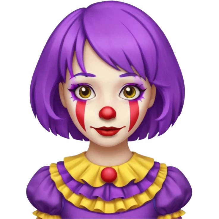 Clown girl with the human style. Has a purple wig, simple makeup, and a yellow dress emoji
