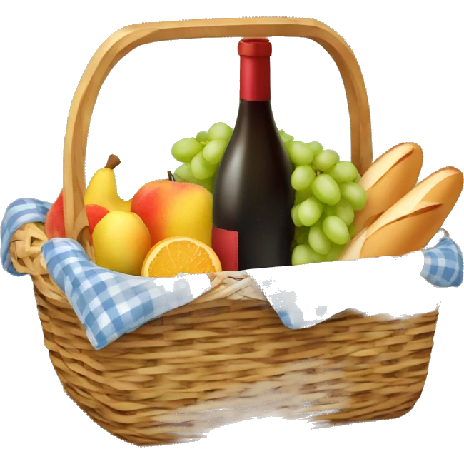 picnic basket with fruit, baguette, wine inside emoji