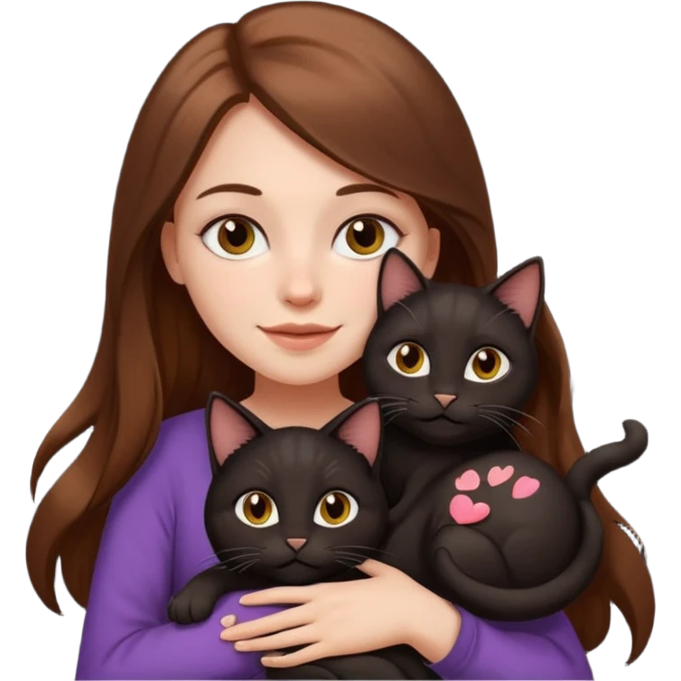 white girl, long brown hair, cheerful and awake, cuddling two black cats, emoji style emoji