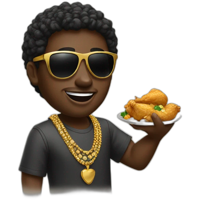 A black man waving with gold jewelry and sunglasses while eating chicken emoji