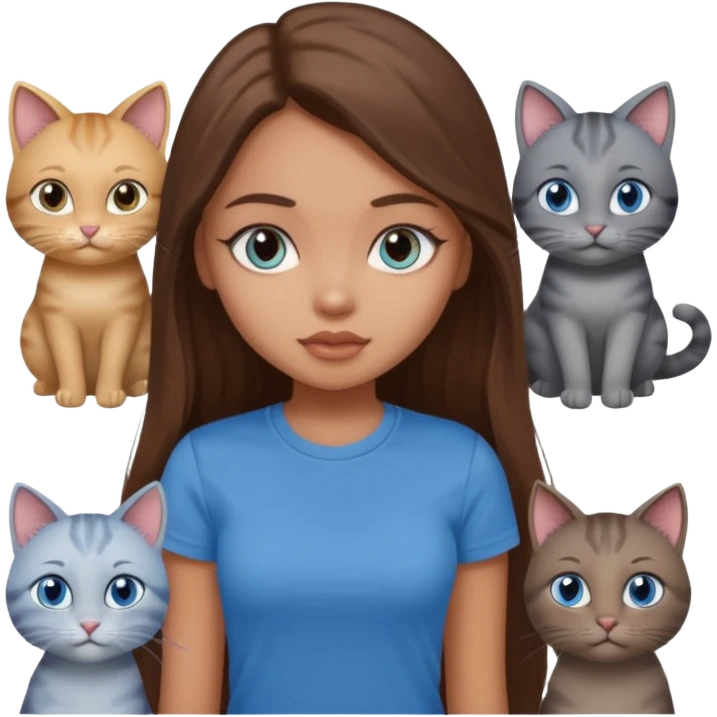 a pretty bratz dusky light skin girl with long brown hair, blue eyes with six cats nd wearing a grey tshirt emoji