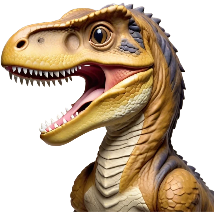 Cinematic Realistic Cute Yawning velociraptor/T-rex Portrait Emoji, Head tilted slightly with a dramatic, wide-open yawn, showcasing a massive, rugged scaled hide with subtly drooping features and half-closed, drowsy eyes rendered in authentic prehistoric detail, high shine, relaxed yet expressive, styled with a dash of ancient charm, soft glowing outline, capturing the essence of a sleepy yet affectionate velociraptor/T-rex that appears ready to stretch out and settle into a timeless nap! emoji
