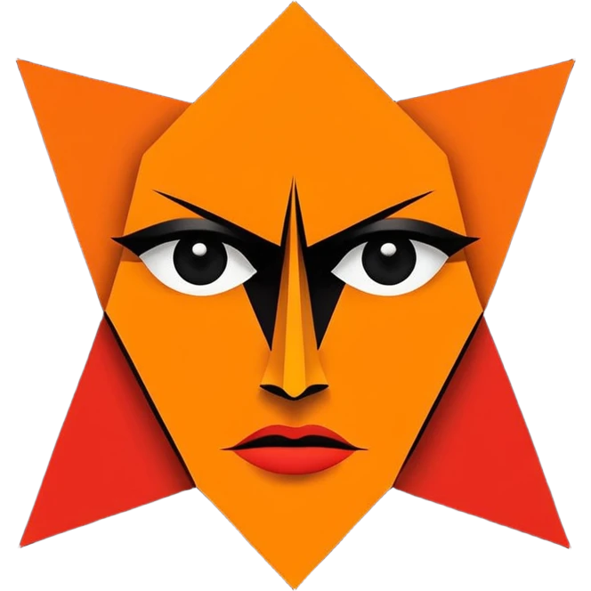 Flat vector logo icon, abstract evil face symbol.
Geometric and minimal design.

Face split vertically by a thin straight black line.
Left side solid red, right side solid orange.

Only eyes and mouth visible.
No nose, no facial lines, no cheeks, no anatomy.







 emoji