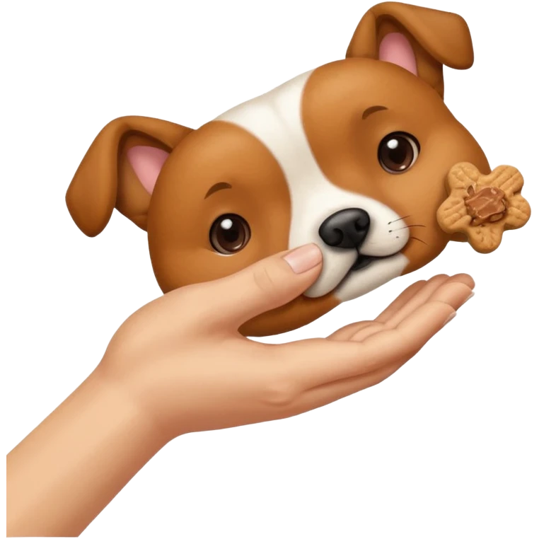 trainer hand holding a treat in front of a dog emoji