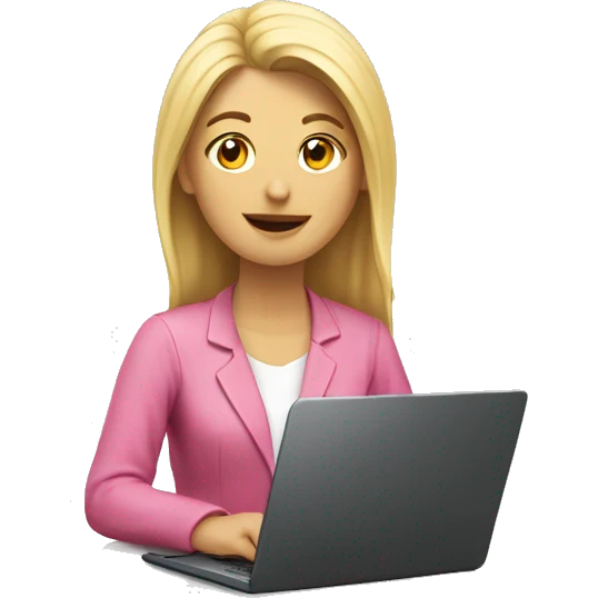 Mujer rubia escribiendo en laptop rosada emoji