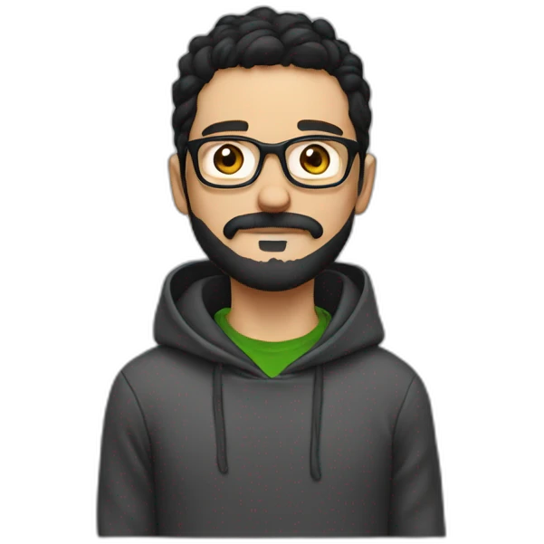 Young white man with black hair moustache and beard wearing a hoodie and glasses emoji