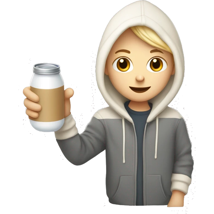  light hair, short hair, combover, hoodie, holding ferris the rust programming language mascot in left hand. holding milk carton in right hand emoji