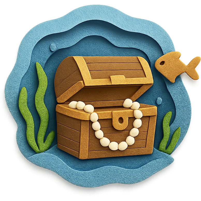 treasure chest underwater with pearls, seaweed, and fish, layered paper effect in paper-craft style emoji