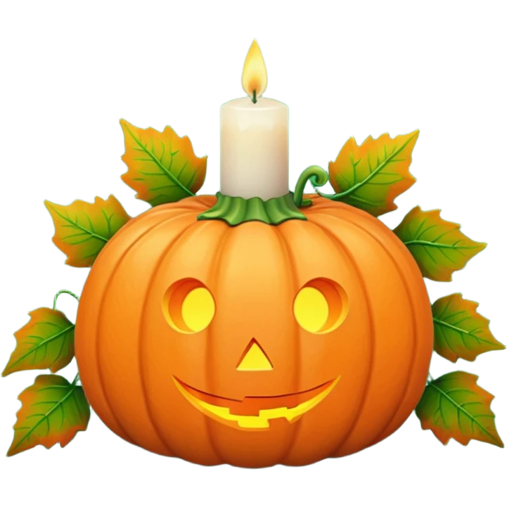 Small tiny pumpkins, vines, leaves, one big candle, autumn vibes aesthetics  emoji