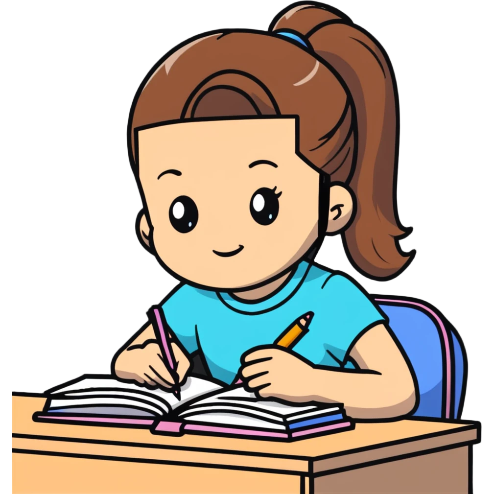 Girl with ponytail reading a notebook while sitting at desk emoji