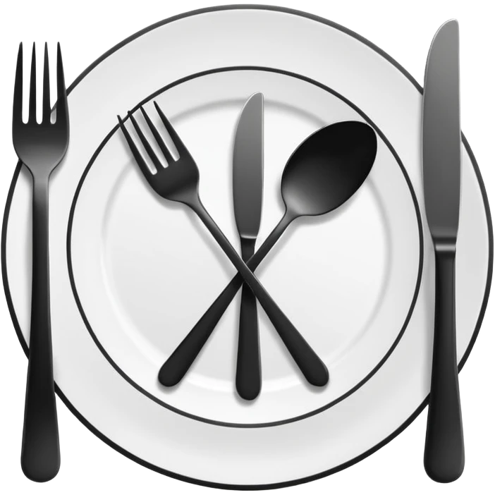 Minimalistic flat vector icon, iOS style, thin black contour on white background. Fork and knife crossed on a plate. Clean, no text, no shadows emoji