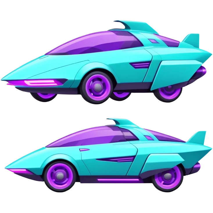 Futuristic retro hover car with sharp angular design and glowing purple wheels, flat vector style, minimal color palette with purple and teal accents emoji