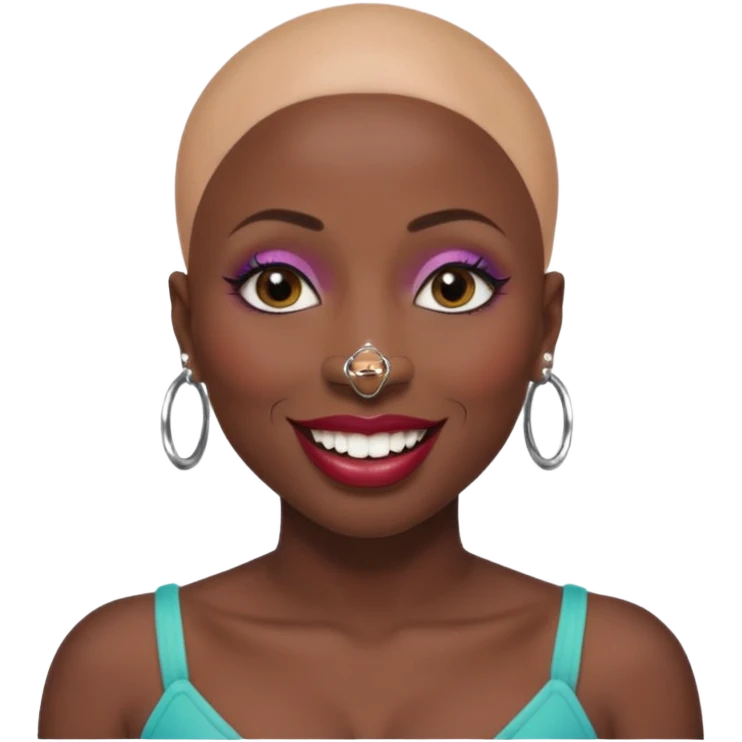 Grown black (proud) woman, bald with a perfect head, a prominent nose with a septum piercing, many piercings on her ears, a gap between her front teeth and very long nails (cynthia erivo) a proud lesbian, with long lashes and glam makeup emoji