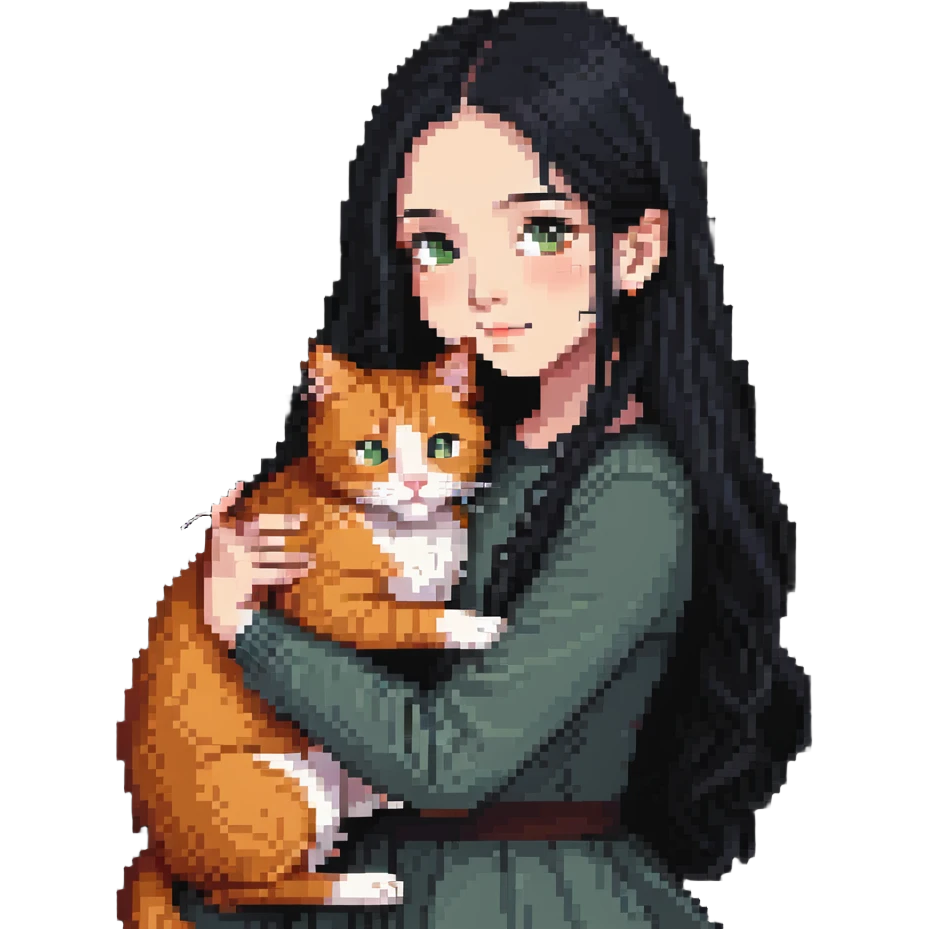 Beautiful girl with long black hair hugs a ginger cat emoji